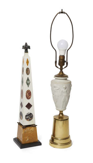 
	
		A Grand Tour type white marble obelisk, 20th century, with foliate bronze finial, inset...