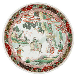 A Chinese porcelain wucai dish, 17th century, painted to the central reserve with figures travelling through a wooded landscape, a man on horseback, and a woma