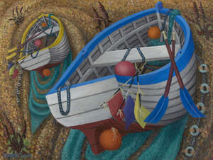 
	
		Terry Clark, 
		British b.1932 - 
		 
		Beached Boats, 1993; 
		 
		oil on board, signed...