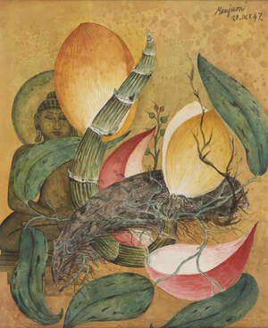
	
		Manjumi, Still Life with Buddha, signed and dated 28 October 1947, pen, ink and...