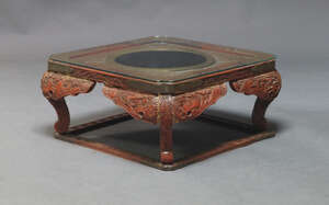 
	
		A Japanese cinnibar hibachi, 20th Century, overall carved with dragons and figures in...