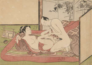 
	
		Isoda Koryusai, Japanese 1735-1790, amorous couple enclosed with a screen, c. 1770s, 