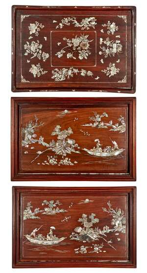 
	
		Three Chinese hardwood and mother of pearl inlaid panels, early 20th century, two...