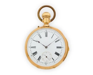 Swiss. An 18ct gold keyless wind quarter repeating open face pocket watch Signed N. Haas & Colin Fabts, Geneva and Paris, Case number 22226, Circa 1860Swiss l