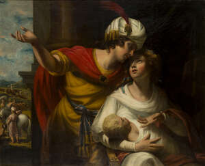 Studio of George Romney, 
		British 1734-1802- 
		 
		The Departure for Canaan: Jacob and Rachel with the infant Joseph; 
		 
		oil on canvas, 101x127cm