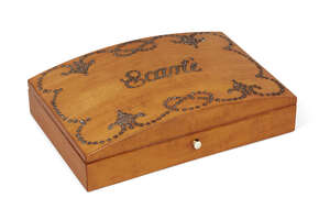 
	
		A French satinwood and cut steel Ecarte box, the lid titled opening to reveal a fitted...