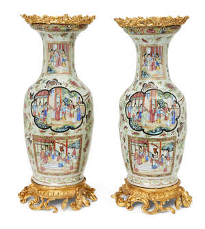 
	
		A pair of large Chinese Canton porcelain moulded baluster vases, 19th century, painted in...