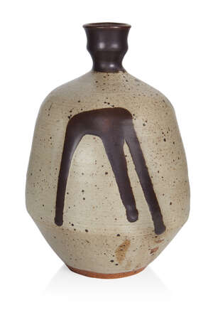 
	
		Janet Leach (1918-1997), 
		 
		Large vase in mottled buff glaze with brown glaze neck...