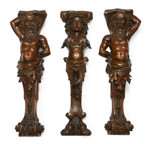 
	
		Three Continental carved walnut stiles, probably German, 19th century, comprising a pair...