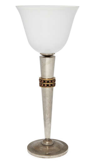 
	
		A Plated bronze and glass uplighter table lamp in the manner of Desny
		20th Century
		