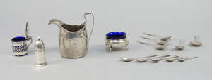 
	
		A small quantity of silver, to include a George III cream jug, London c.1801, a salt,...