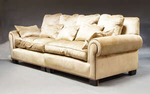 
	
		A pair of large contemporary sofas, of recent manufacture, upholstered in teal velvet...