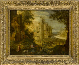 Follower of Paul Bril, 
		Flemish c.1553/4-1626- 
		 
		View of the Roman Forum; 
		 
		oil on panel, 44.5x58cm 
		 
		Note: a very similar version o