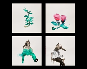 Nadia Ayari (Tunisian b. 1981-),&nbsp;
Four watercolours depicting a plant; two flowers; a seated...