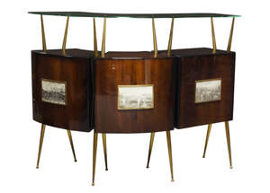
	
		Italian, a stained mahogany three section bar,
		c.1950,
		with curved glazed shelf, on...