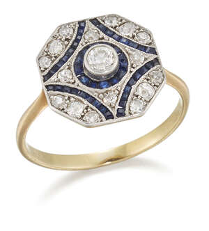 
	
		A Belle Epoque diamond and sapphire cluster ring, the pave-set diamond, square-shaped...