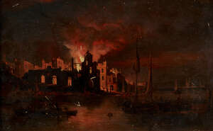 
	
		Pieter Van Der Burgh, 
		Dutch 1805-1879  
		 
		Fire-Scene; 
		 
		oil on board,...