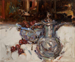
	
		Ken Moroney, 
		British 1949-2018 - 
		 
		Still life with teapot and cherries;...