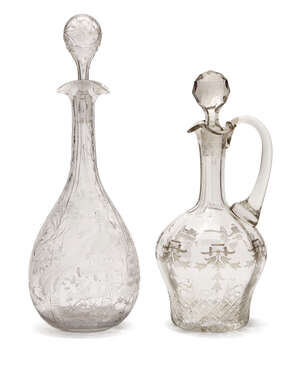 
	
		A cut crystal glass pear-shape decanter and stopper, decorated with peacock and hen...
