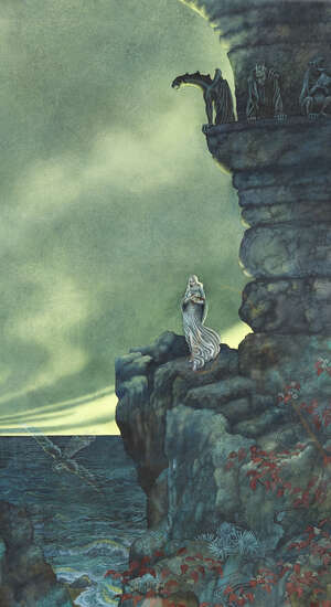 
	
		Elizabeth M. Craig, 
		British 1893-1968- 
		 
		Figure on a precipice; 
		 
		