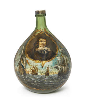 
	
		A large Dutch pale green glass flagon, late 18th/early 19th century, painted with a...