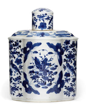 A Chinese porcelain lobed tea cannister and cover, mid-19th century, painted in underglaze blue with butterflies and birds amid floral sprays, 20cm high
		 