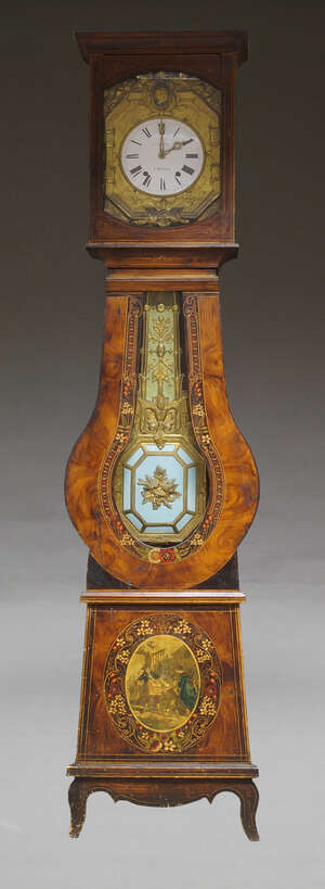 
	
		A French painted pine comtoise clock by A. Vincens, 19th century, with rectangular hood...