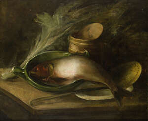 
	
		Périclès Pantazis, 
		Greek, 1849-1884- 
		 
		Nature morte au poisson dans un plat...