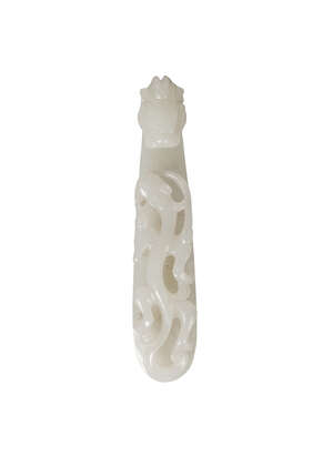 
	
		A Chinese pale green jade belt hook, Qing dynasty, late 19th century, carved with a...