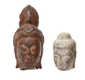 
	
		Two Chinese carved stone heads, 19th-20th century, one carved with high topknot, both...
