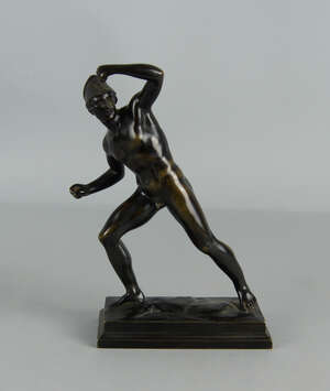 
	
		A German bronze model of a Greek warrior, late 19th/early 20th century, foundry stamps...