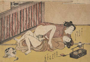 
	
		Isoda Koryusai, Japanese 1735-1790, amorous couple beside a cat, c. 1770s, shunga 