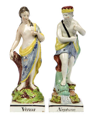 
	
		A pair of Staffordshire pearlware figures of Neptune and Venus, late 18th century,...