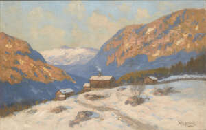 
	
		Arne Hjersing, 
		Norwegian 1860-1925- 
		 
		Cottage in an mountain winter landscape;...