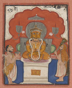 
	
		Suparshva (the 7th Tirthankara) with two priests, Jain, Rajasthan, circa 1800, opaque...
