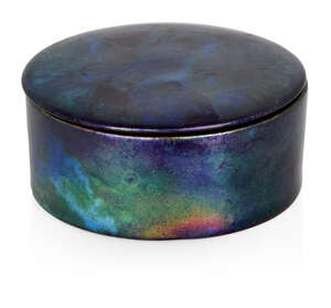 
	
		Zsolnay (Hungarian), an Eosin glazed pill box and cover   
		c.1900, printed Zsolnay...