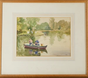 H.E. Abel,&nbsp;British, 20th century-&nbsp;
Fishermen in their boat;&nbsp;
watercolour on paper, signed 'Abel'...