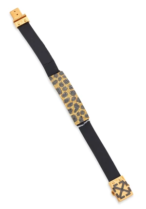 A coloured diamond set leather bracelet, composed of a central panel with a leopard print design...