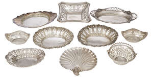 
	
		A collection of nine silver bonbon dishes, various shapes, sizes, dates and makers...