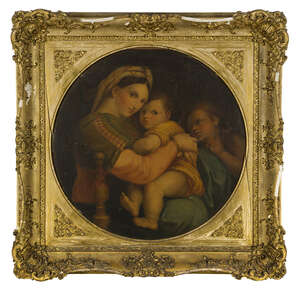 After Raphaello Sanzio, called Raphael, 
		Italian 1483-1520- 
		 
		Madonna della Sedia; 
		 
		oil on canvas, held in a tondo slip, 78x78cm 
		 
		