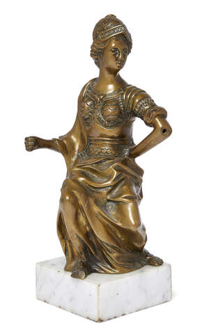 
	
		A North European bronze model of Minerva, 18th/19th century, depicted seated on a globe, ...