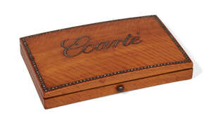 
	
		A French satinwood and cut steel Ecarte box, 19th century, the lid titled opening to...