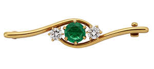 
	
		An 18ct gold, emerald and diamond three stone brooch by Cartier, the circular-cut emerald...