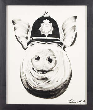 
	
		Darren Coffield,
		British b.1969-
		 
		Pig Out, 2009;
		 
		ink on paper, signed and...