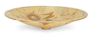
	
		Judy Trim, 1943-2001, a coiled while clay Yellow Butterfly dish, 1993, decorated with...