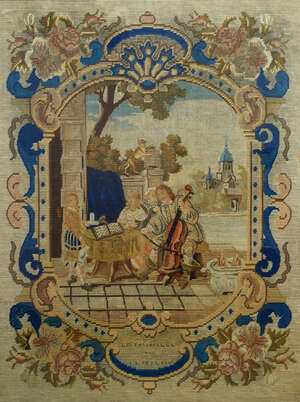 
	
		A French gros point and petit point embroidered picture of a family in palace parkland...