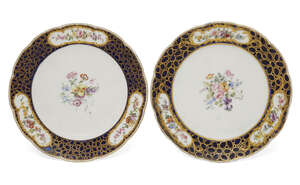 
	
		A pair of Sevres porcelain shaped plates, 18th century, decorated to the centre with...