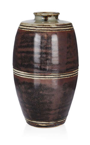 
	
		Unknown Designer, 
		 
		Large Studio Pottery barrel form tenmoku glaze vase with...