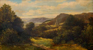 
	
		Strafford Newmarch, American act. 1861-1895- House in hilly landscape with lake beyond;...