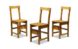 
	
		Arts and Crafts, a set of six oak side chairs
		Late 19th Century
		With single slat...
